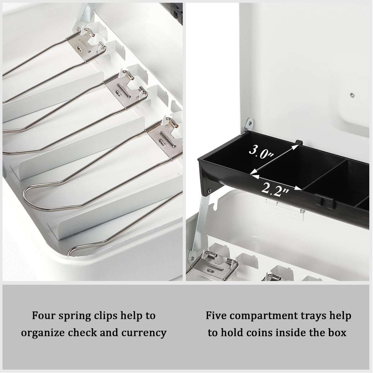 Jssmst Large Locking Cash Box with Money Tray, Lock Box with Security Cable Metal Money Box with Key Lock, White