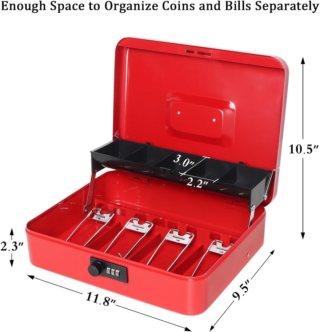 Jssmst Cash Box with Money Tray and Lock - Red Cash Box with Combination Lock Safe Money Box Large, Locking Cash Register Drawer Box, 11.8'' x 9.5'' x 3.5'', SM-CB005RED