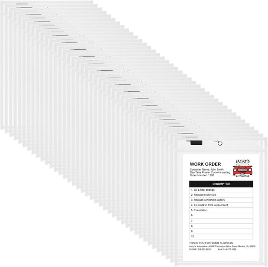 Nezyo Dry Erase Pockets Plastic Job Ticket Holders Shop Holder Order Pockets Clear Sleeves Tickets Folders Plastic Sleeves Paper Teacher Supplies for Classroom (12 x 9.5 in,White,50 Pcs)