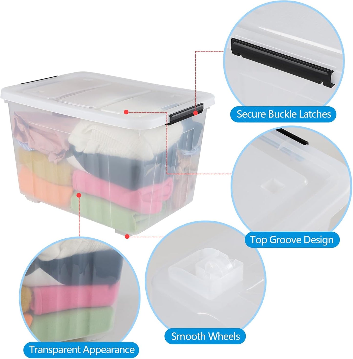 Wekioger 50 Quart Clear Latching Box with Wheels, 4 Packs Plastic Lidded Storage Bin