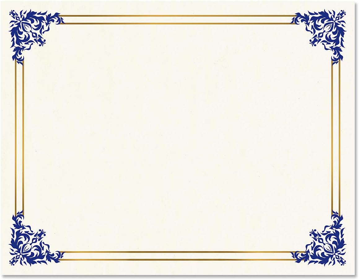 Empire Blue, Gold & White Parchment Certificate Papers - Pack of 100, Laser & Inkjet Printer Compatible, for Office, Business Awards, Graduation, School Diplomas, 8-1/2" x 11" on 60 lb. Text Stock