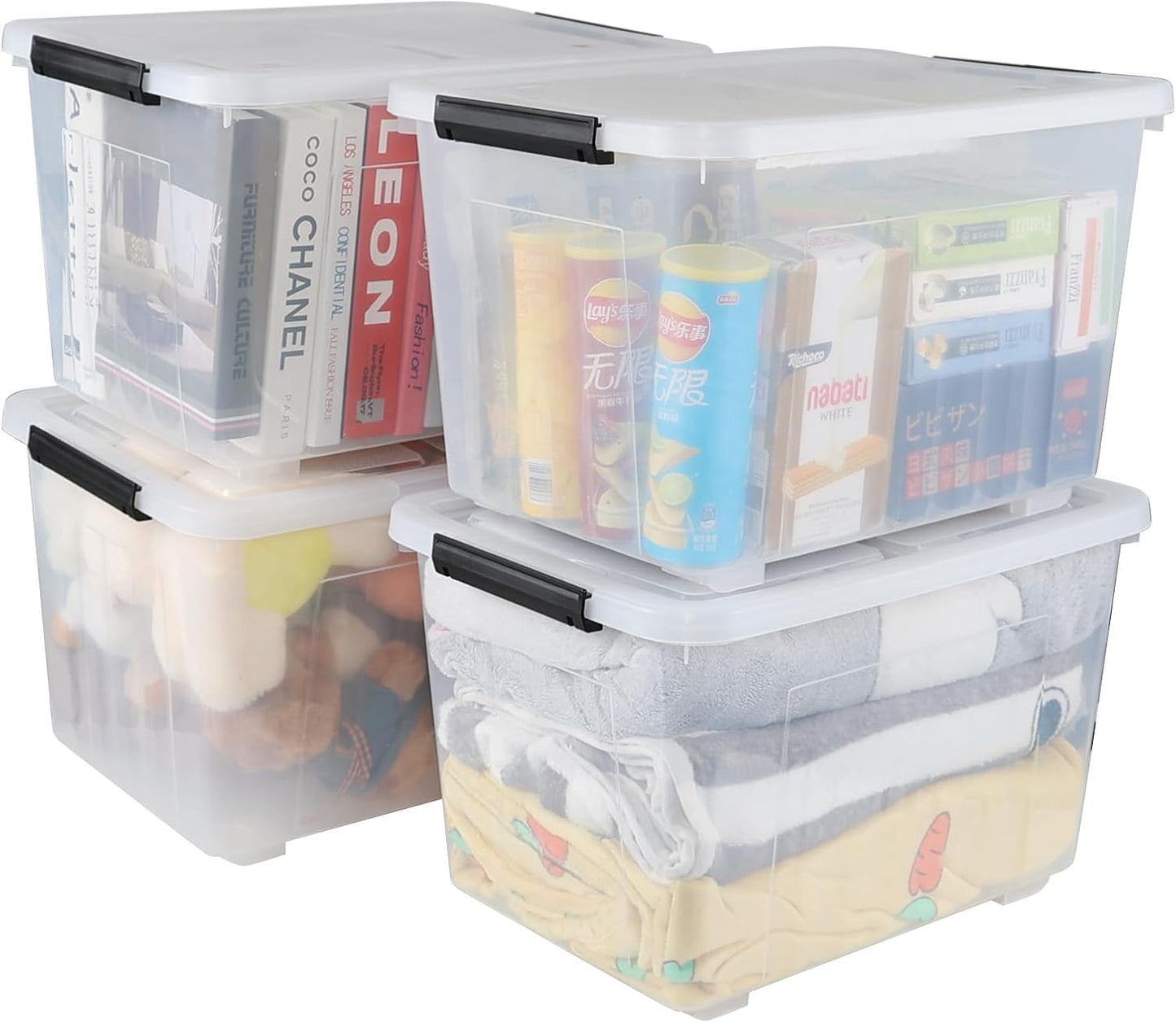 Wekioger 50 Quart Clear Latching Box with Wheels, 4 Packs Plastic Lidded Storage Bin