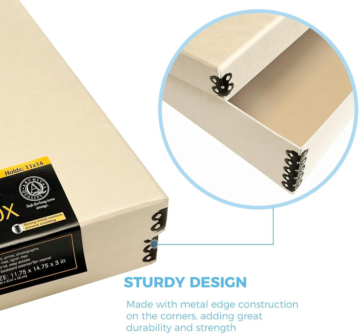 Lineco Museum Archival Storage Box, 11.75x14.75x3 in. Drop Front Design. Acid-Free with Metal Edge. Organize Photos, Pictures, Prints, Documents, Crafts, DIY. Tan, 1 Pack