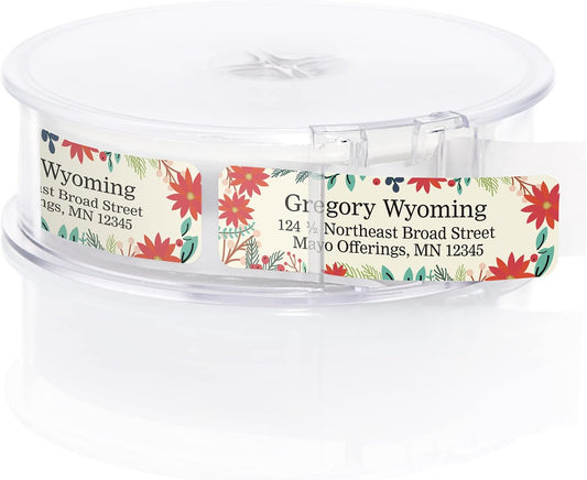 Ivory Holiday Floral Rolled Address Labels/Roll of 250 Personalized Return Address Labels/Designer Return Address Stickers in Elegant Plastic Dispenser