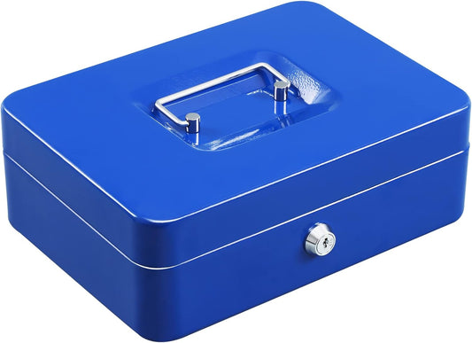 xydled Locking Steel Large Cash Box with Removable Coin Tray and Key Lock,9.84"x 7.87"x 3.54",Blue