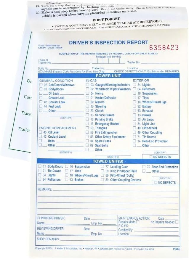 Detailed Driver's Vehicle Inspection Report 10-pk. - Book Format with 31 Sets, 2-Ply Carbonless, Blue Ink, 5.5" x 8.5", Meet FMCSR Requirements, J. J. Keller & Associates, Inc.