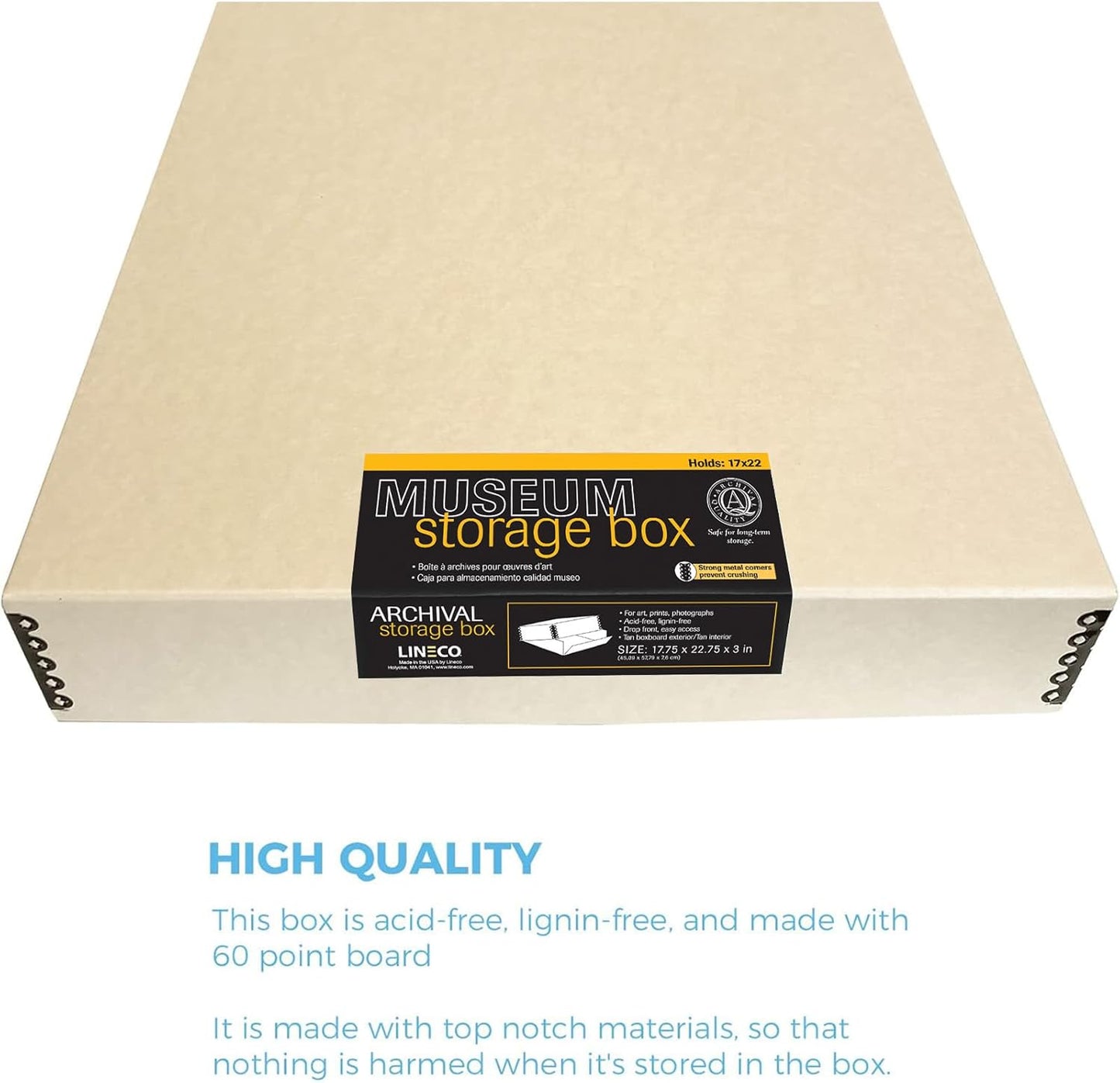 Lineco Museum Archival Storage Box, 17.75x22.75x3 in. Drop Front Design. Acid-Free with Metal Edge. Organize Photos, Pictures, Prints, Documents, Crafts, DIY. Tan, 2 Pack