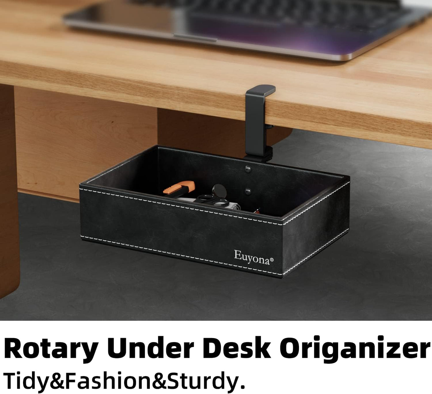 PU Leather Under Desk Organizer with 360° Rotating Clamp – for Computer Accessories, Stationery, Remote Control & Phone Storage, Black