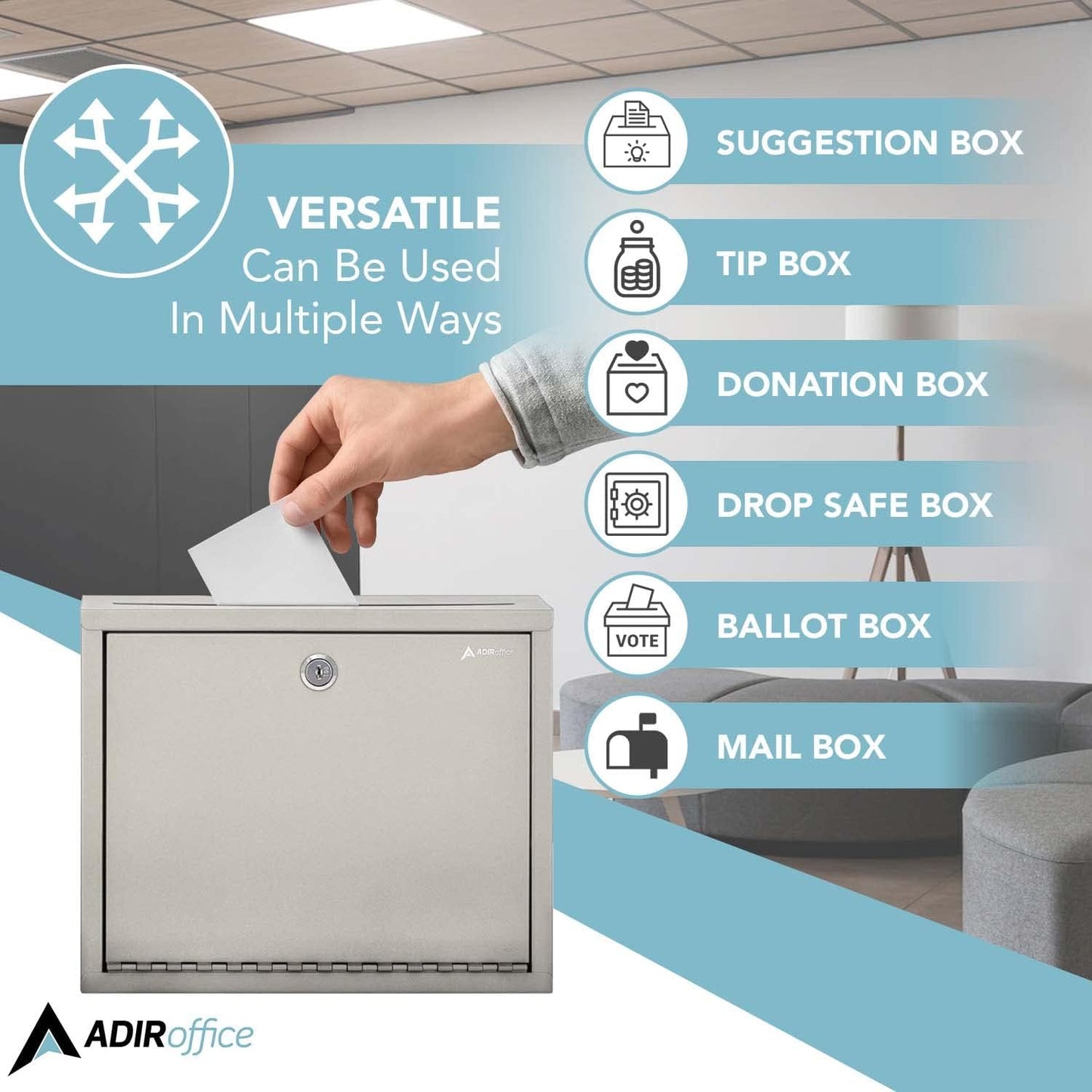 Adir Metal Suggestion Box with Lock and Slot, Wall Mount Deposit Box for Payments and Checks, Office Mail Box for Employees, Mailbox for House, Safe Drop Box with Keys - 3x10x12 Inch Beige