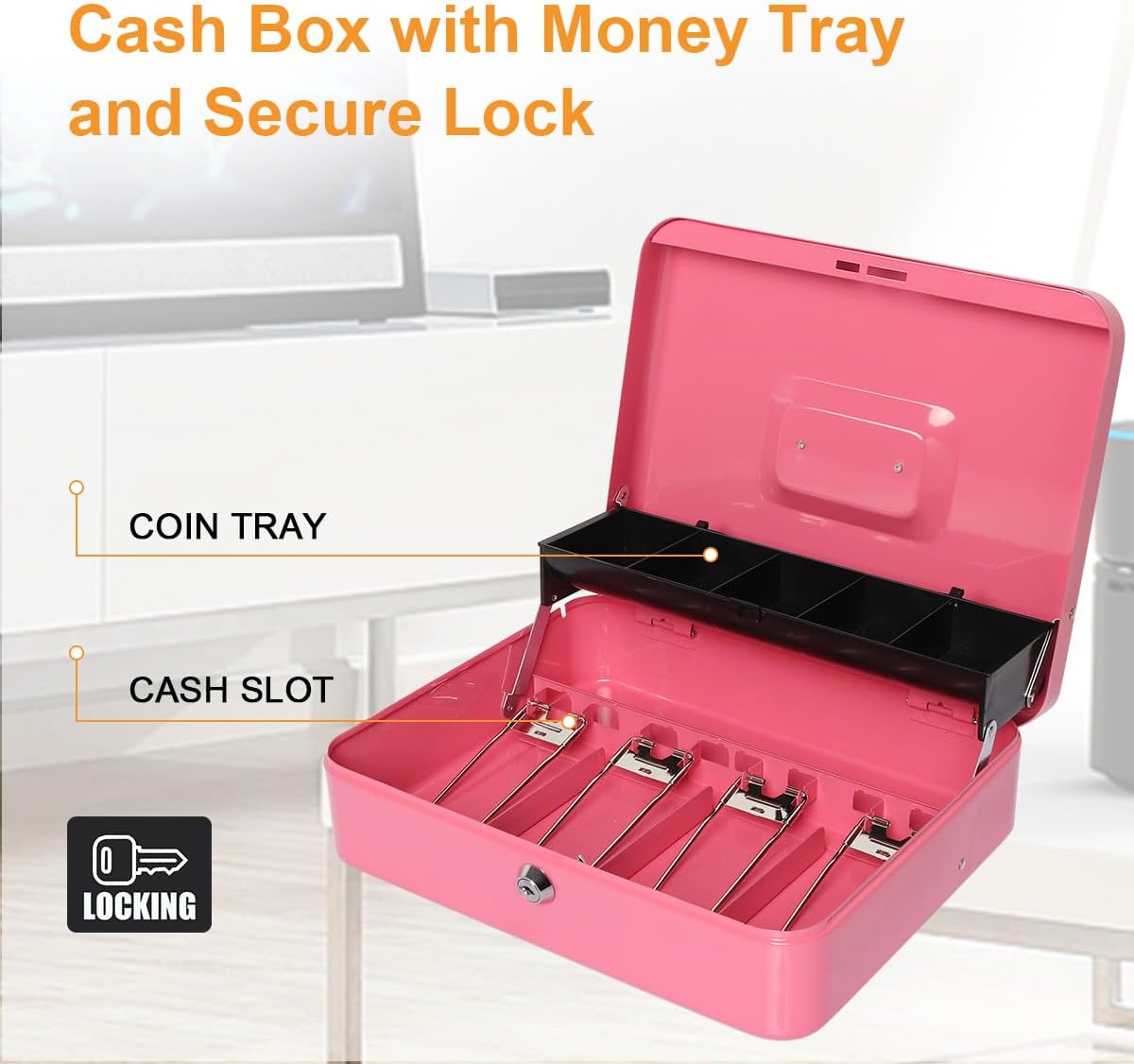 Jssmst Large Locking Cash Box with Money Tray, Lock Box with Security Cable Metal Money Box with Key Lock, Pink
