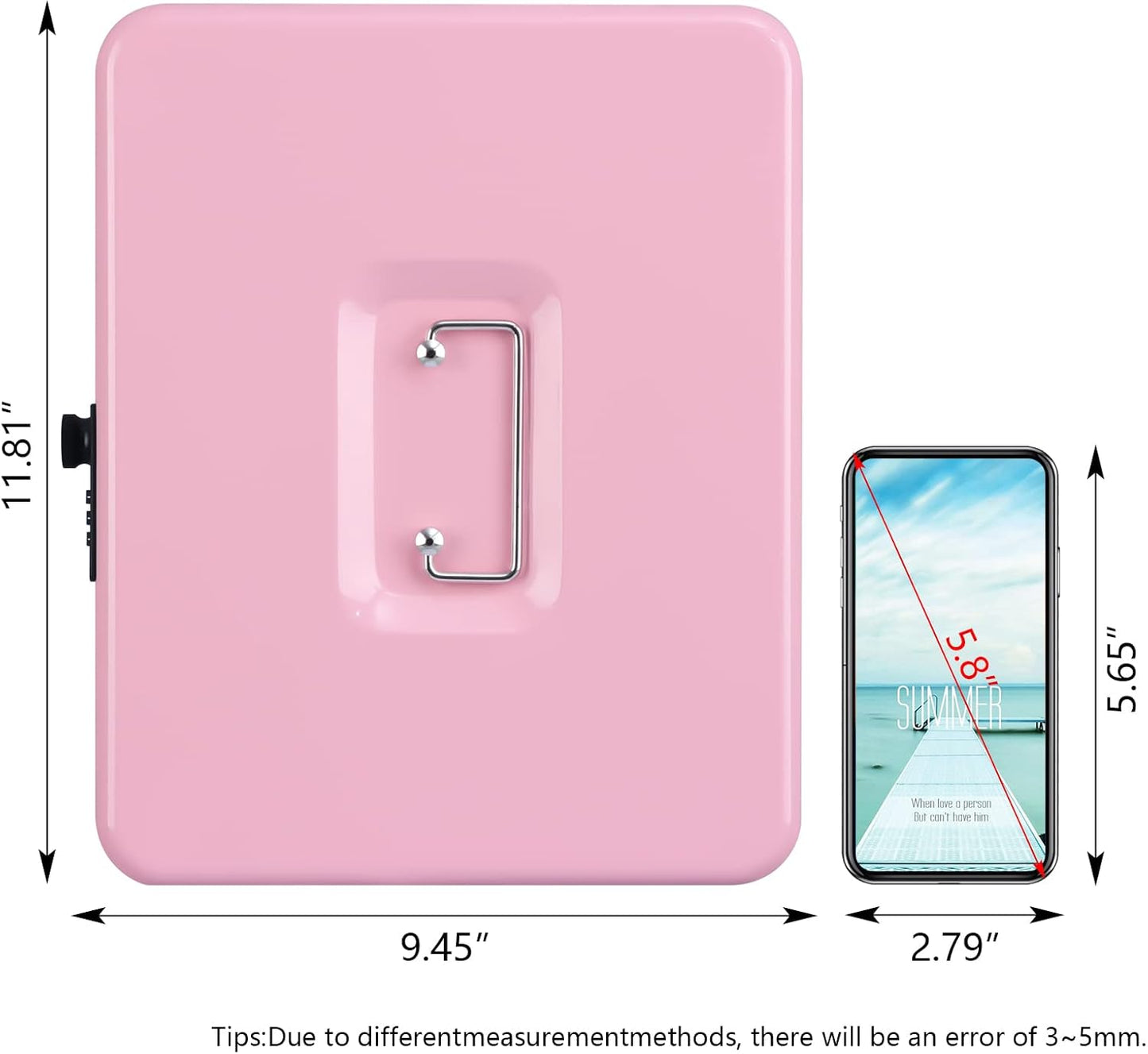 KYODOLED Metal Cash Box with Combination Lock Money Box for Cash Safe Metal Box with Money Tray for Security Lock Box 11.81"x 9.45"x 3.54" Pink X Large