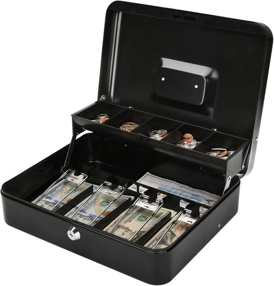 Jssmst Large Cash Box with Money Tray and Lock - Locking Safe Money Box for Small Business, 11.8L x 9.5W x 3.5H Inches, Black, SM-CB0501L