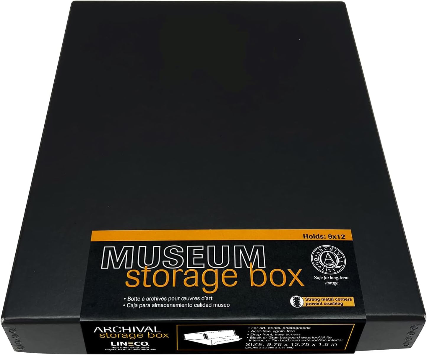 Lineco Museum Archival Storage Box, 9.75x12.75x1.5 in. Drop Front Design. Acid-Free with Metal Edge. Organize Photos, Pictures, Prints, Documents, Crafts, DIY. Black, 1 Pack