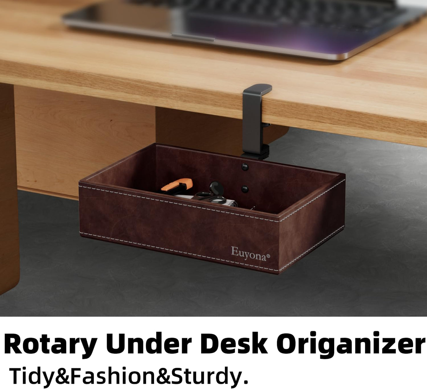 Mesh Hidden Desk Organizer with Swivel Drawer, Heavy-Duty C-Clamp Mount for Office Supplies, Art Tools & Pencil Storage – Easy Install Desktop Accessories (Coffee)