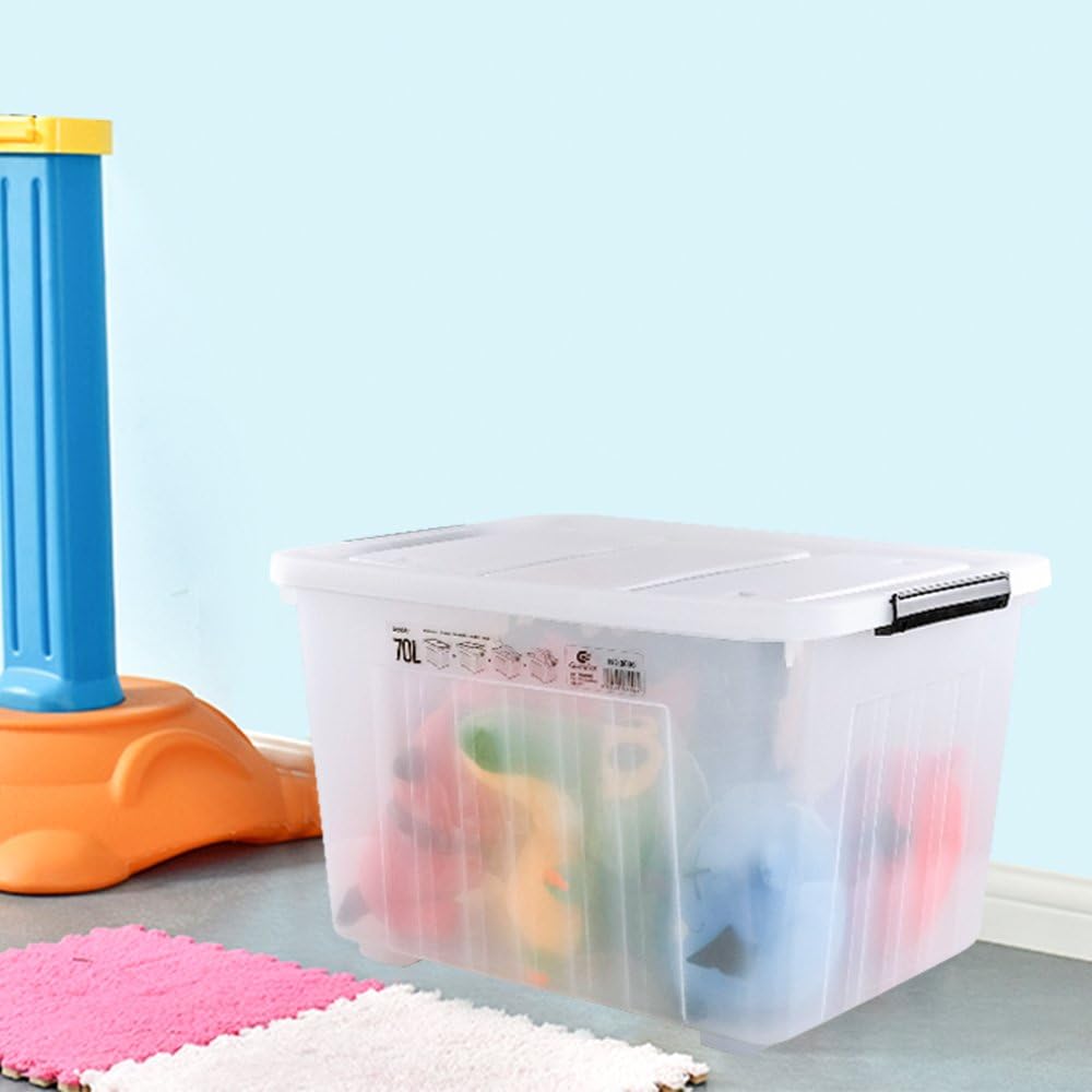 4-Pack 70 L Large Clear Storage Boxes, Plastic Latching Boxes with Wheeles