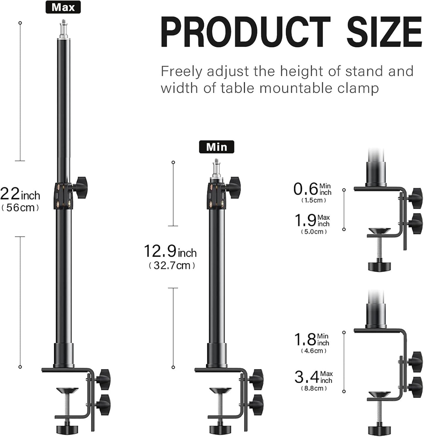2-Pack Camera Desk Mount Stand with 1/4" Ball Head and Cold Shoe Mount Adapter,12.9-22" Tabletop Mounts Stand, Adjustable Aluminum Desktop Light Stand, for DSLR Camera, Ring Light, Video Light