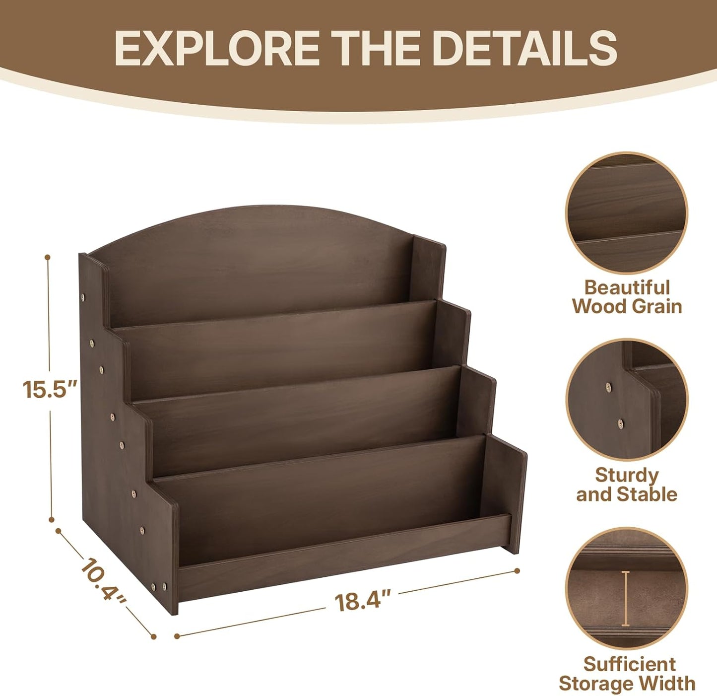 4 Tier Wooden Greeting Card Display Stand, Sticker Organizer Rack, Retail Photos Shelf for Vendors Craft Collection, Retail Stores, Postcards, Jewelry, Snacks, Brown