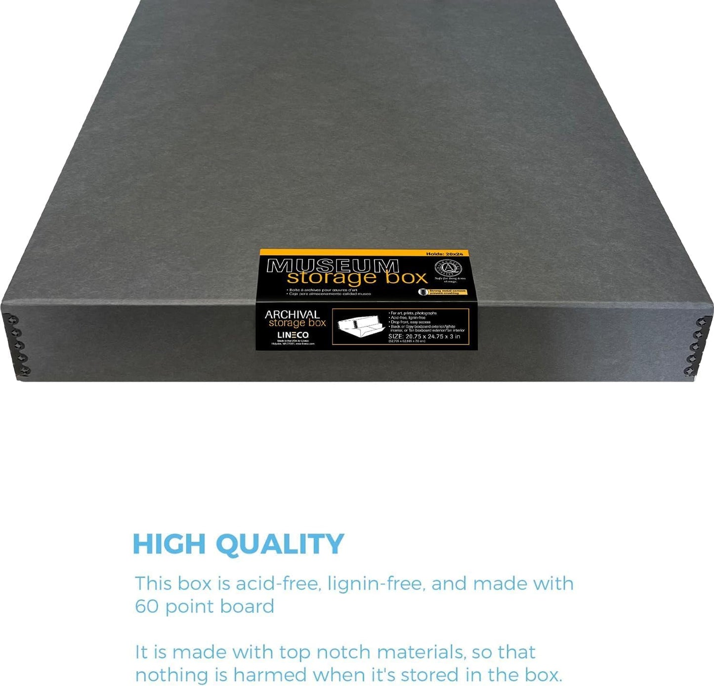 Lineco Museum Archival Storage Box, 20.75x24.75x3 in. Drop Front Design. Acid-Free with Metal Edge. Organize Photos, Pictures, Prints, Documents, Crafts, DIY. Gray, 2 Pack