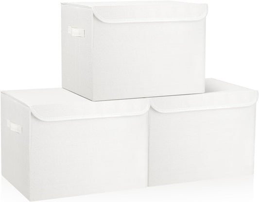 Large 17" 42 Quarts Collapsible Stackable Storage Bins with Lids [3-Pack] Foldable Fabric Linen Storage Boxes Cube, Closet Organizer Baskets with Label (16.7 x 12 x 12", White)