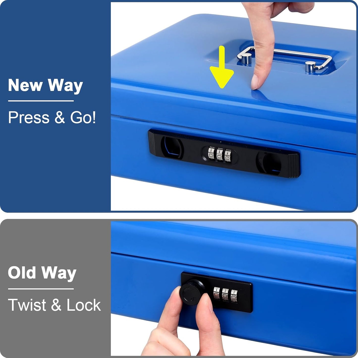 Jssmst Locking Cash Box with Coin Lid, 11.8L x 9.5W x 3.5H Inches, Latch Safe Money Box with Combination Lock, Blue