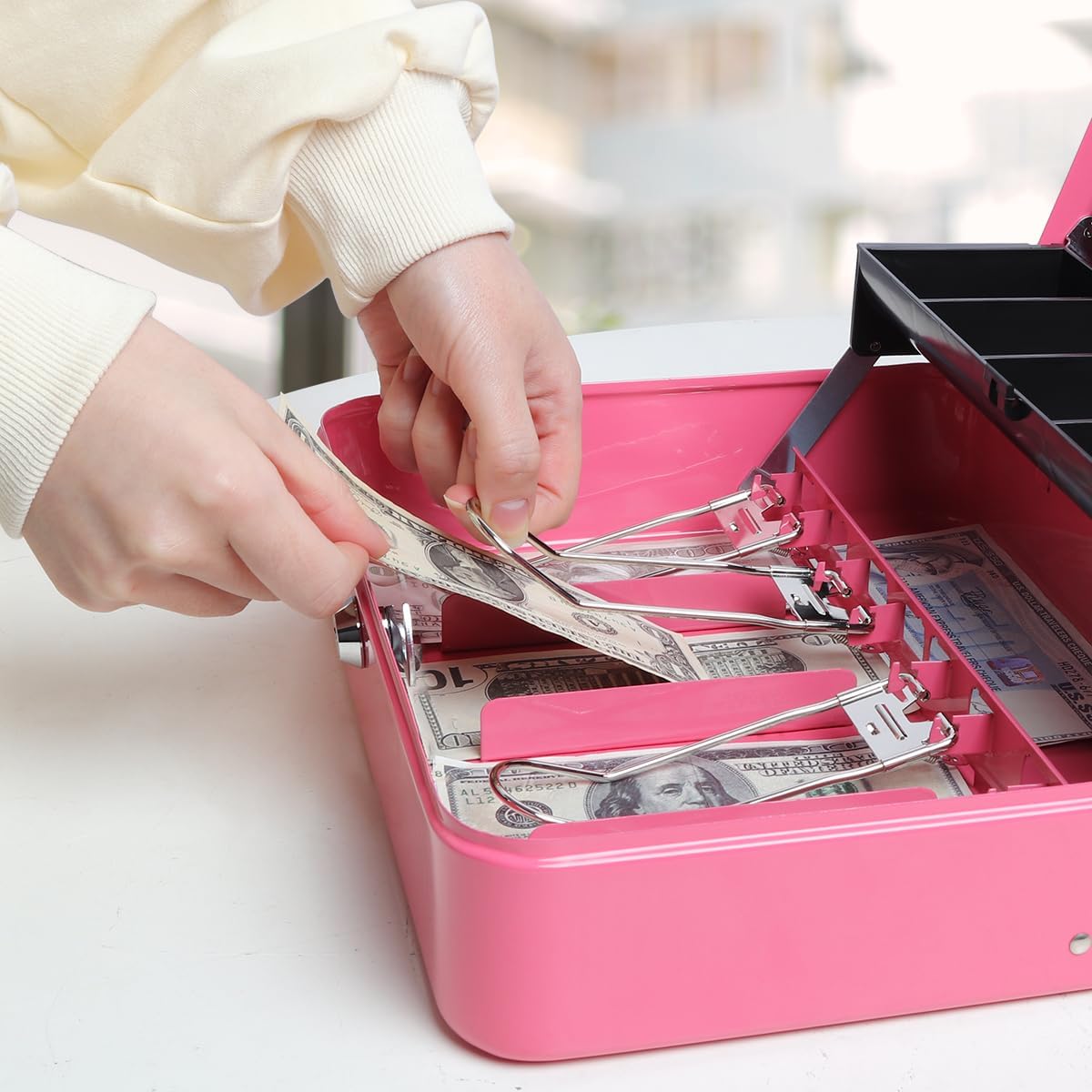 Jssmst Cash Box with Money Tray and Lock - Pink Cash Box with Key Lock Safe Money Box Large, Locking Register Drawer for Money, 11.8'' x 9.5'' x 3.5'', SM-CB005PK