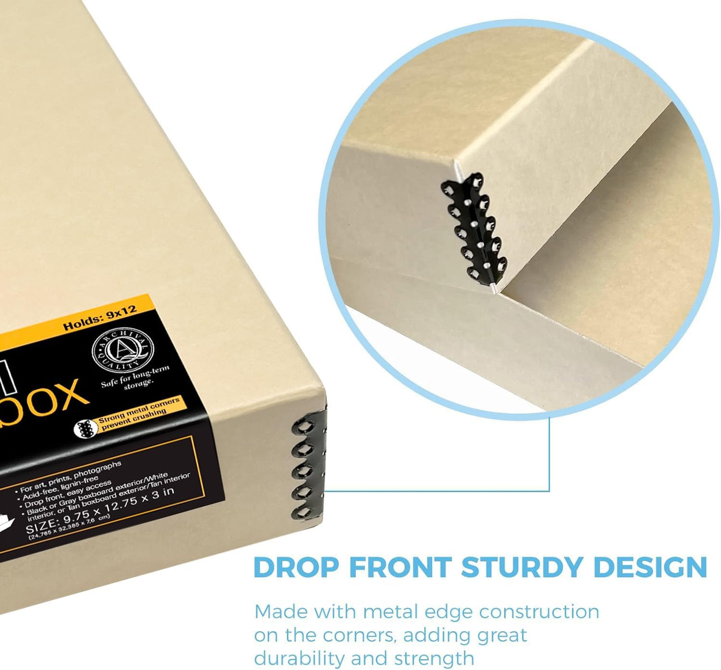 Lineco, 9x12 Tan Color Museum Archival Storage Box, Drop Front Design. Acid-Free with Metal Edge. Preserves Picture Longevity, organize Photos, Documents, Crafts, Diy, Pack of 2