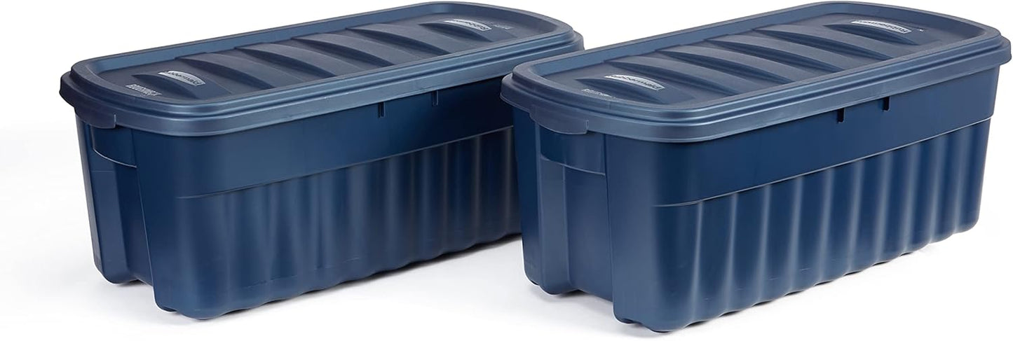 Rubbermaid Roughneck Tote 50 Gal, 2 Pack, Made in USA, Dark Indigo Metallic, Rugged Plastic Stackable Storage Bins with Lids and Handles