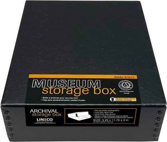 Lineco Museum Archival Storage Box, Drop Front Design with Metal Edges Removable Lid, 8.5 X 11 X 3 inches Acid-Free Photo Album Case, Preserve Prints Pictures, Magazine, Documents, Artworks, Black