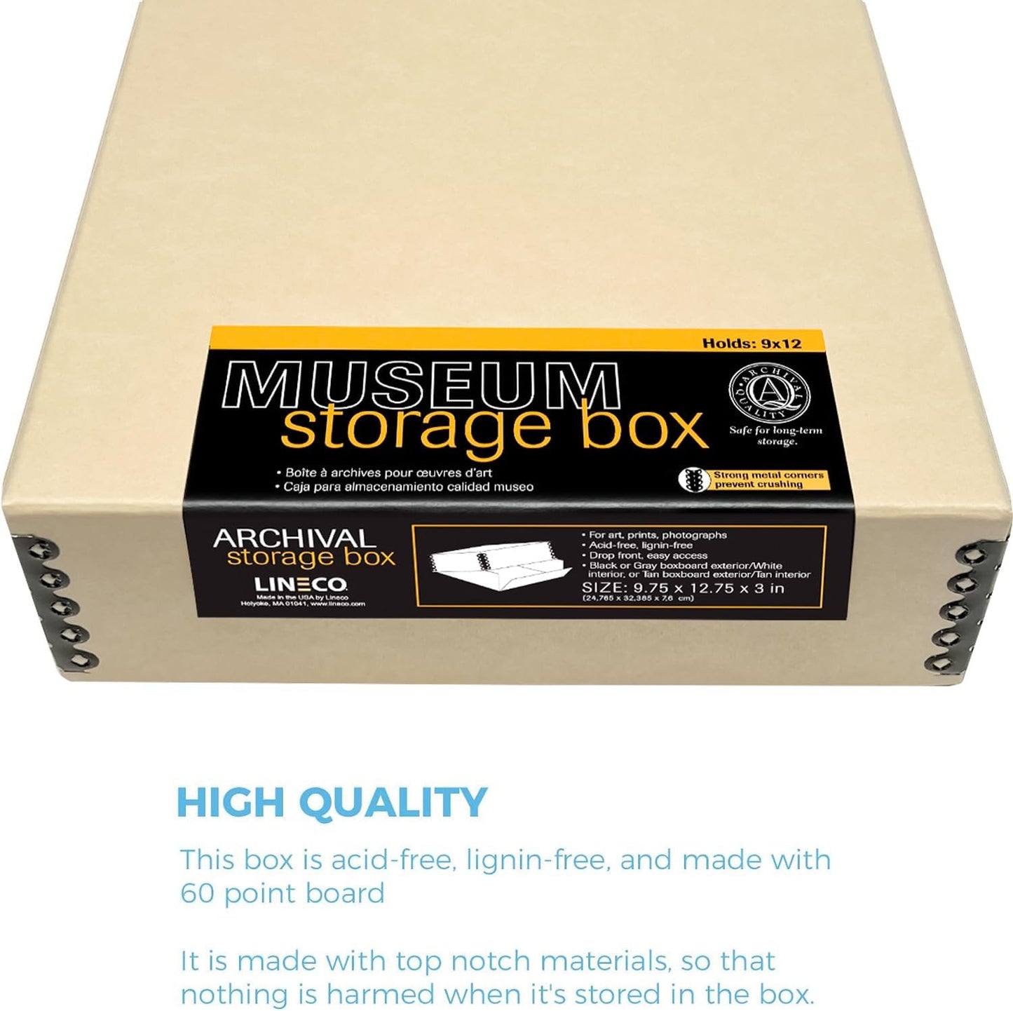 Lineco, 9x12 Tan Color Museum Archival Storage Box, Drop Front Design. Acid-Free with Metal Edge. Preserves Picture Longevity, organize Photos, Documents, Crafts, Diy, Pack of 2