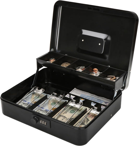 Jssmst Locking Large Metal Cash Box with Money Tray, Money Box with Combination Lock, Black