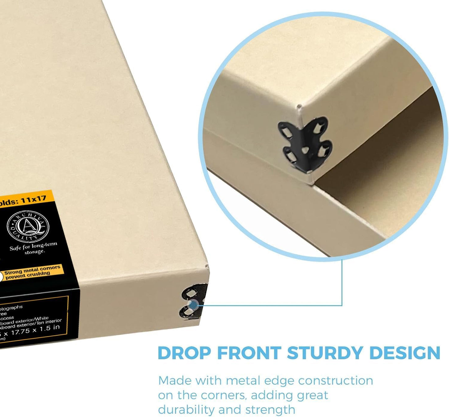 Lineco Museum Archival Storage Box, 11.75x17.75x1.5 in. Drop Front Design. Acid-Free with Metal Edge. Organize Photos, Pictures, Prints, Documents, Crafts, DIY. Tan, 1 Pack