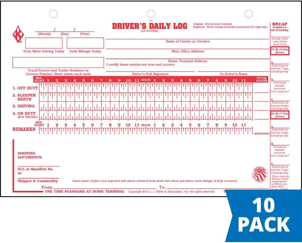Deluxe Duplicate Driver Daily Log 10-pk. with Detailed DVIR & Daily Recap - Shrinkwrapped Loose-Leaf Format, 2-Ply with Carbon, 8.5" x 5.5", 31 Sets of Forms Per Unit, J. J. Keller & Associates, Inc.