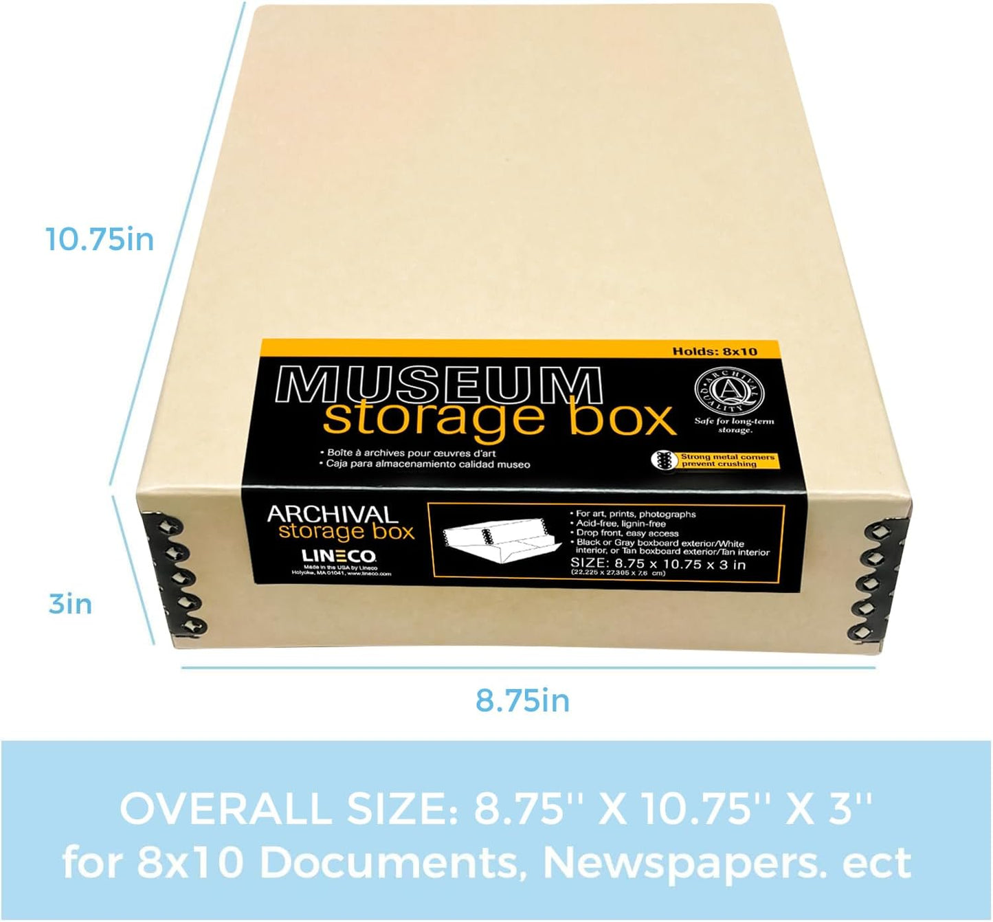 Lineco Museum Archival Storage Box, 8.75x10.75x3 in. Drop Front Design. Acid-Free with Metal Edge. Organize Photos, Pictures, Prints, Documents, Crafts, DIY. Tan, 1 Pack