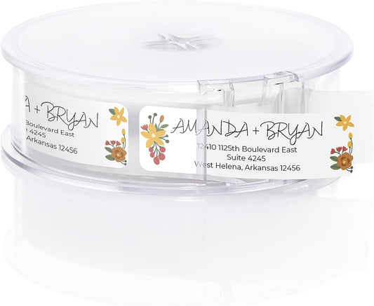 Retro Floral Rolled Address Labels/Roll of 500 Personalized Return Address Labels/Designer Return Address Stickers in Elegant Plastic Dispenser