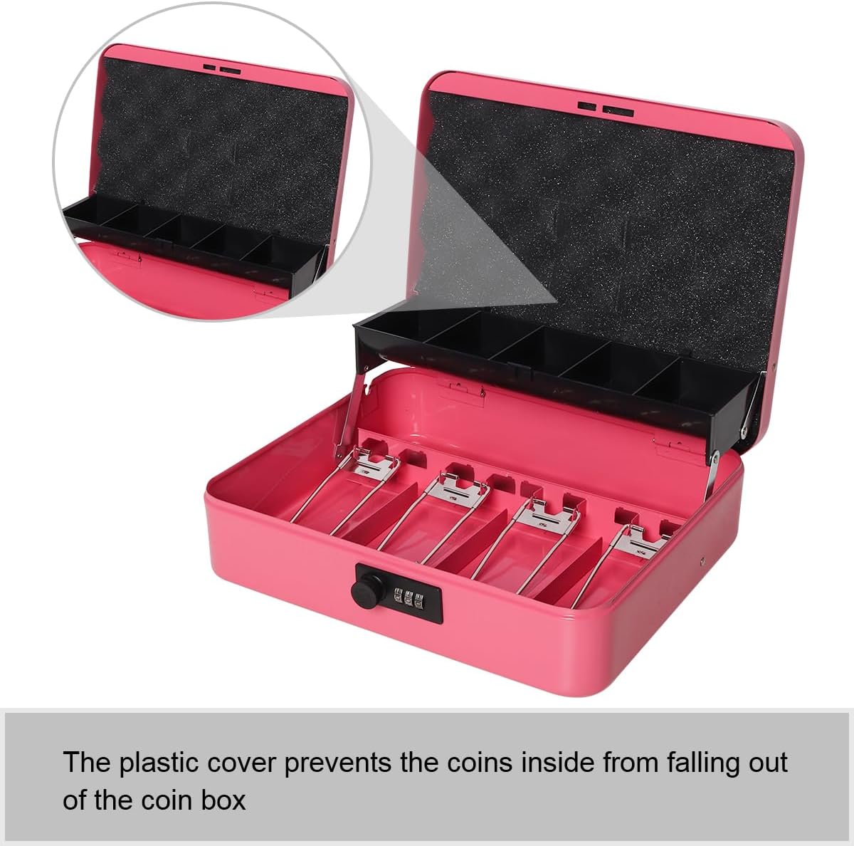 Jssmst Large Locking Cash Box with Money Tray, Metal Money Box with Combination Lock Cash Safe with Security Cable, Pink