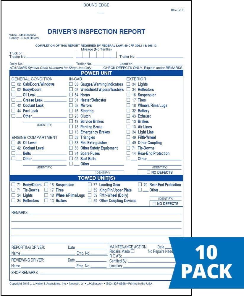 Detailed Driver's Vehicle Inspection Report 10-pk. - Book Format with 31 Sets, 2-Ply Carbonless, Blue Ink, 5.5" x 8.5", Meet FMCSR Requirements, J. J. Keller & Associates, Inc.