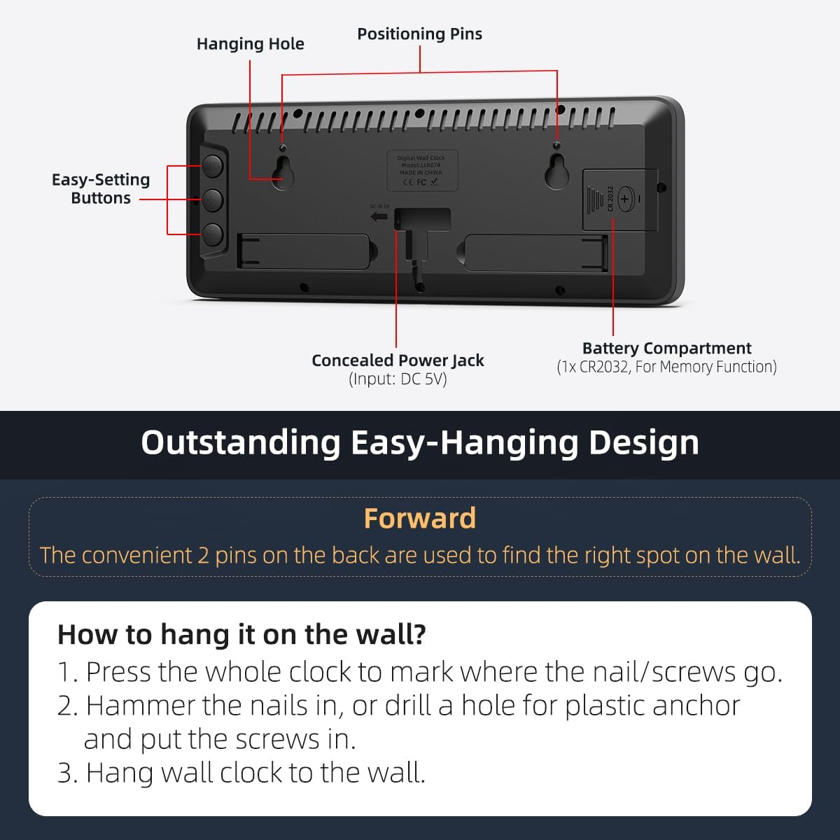 LED Digital Wall Clock with Large Display, Big Digits, Auto-Dimming, 12/24Hr Format, Modern Electric Small Silent Wall Clock for Living Room, Bedroom, Classroom, Farmhouse, Kitchen, Office - White