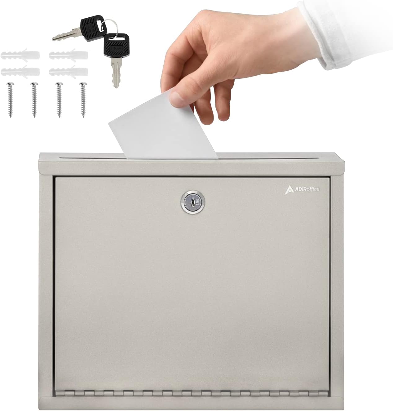 Adir Metal Suggestion Box with Lock and Slot, Wall Mount Deposit Box for Payments and Checks, Office Mail Box for Employees, Mailbox for House, Safe Drop Box with Keys - 3x10x12 Inch Beige