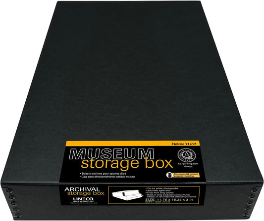 Lineco Museum Archival Storage Box, 11.75x18.25x3 in. Drop Front Design. Acid-Free with Metal Edge. Organize Photos, Pictures, Prints, Documents, Crafts, DIY. Black, 1 Pack