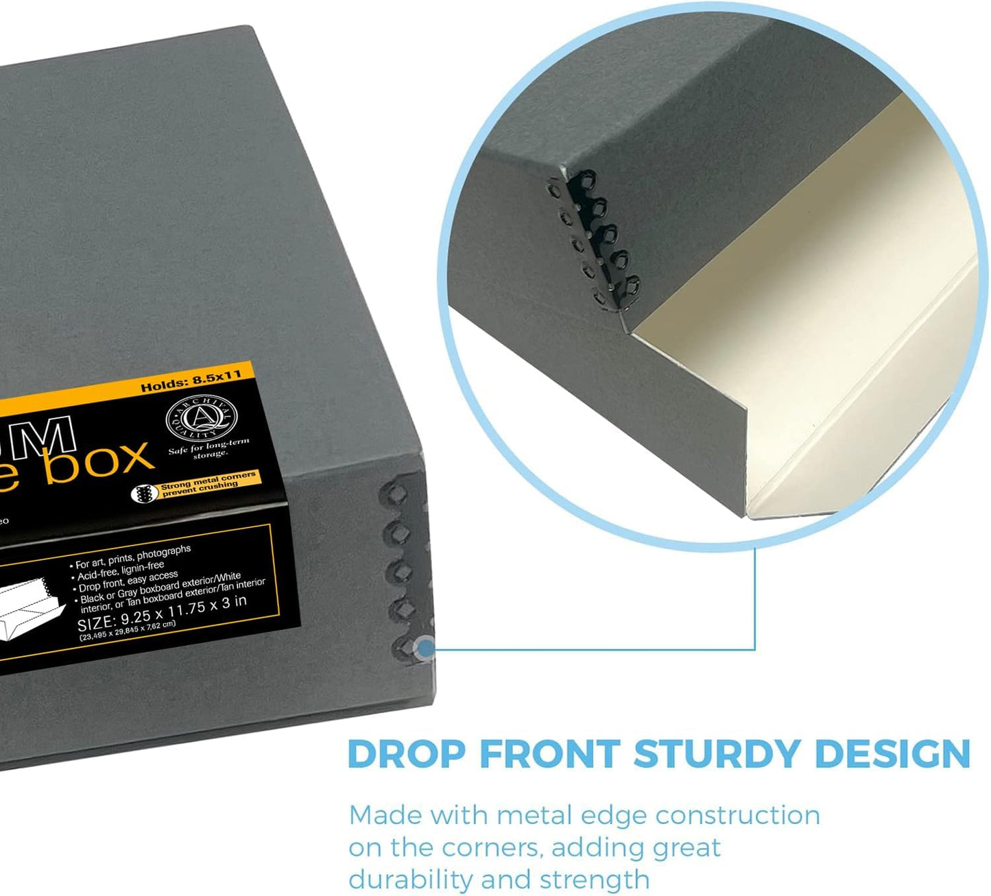 Lineco Archival Museum Storage Box with Removable Lid and Drop Front Design, 8.5 x 11 x 3 Inch. Preserve Longevity, Store Photos, Documents, Cards, Magazines, Prints, DIY. Gray