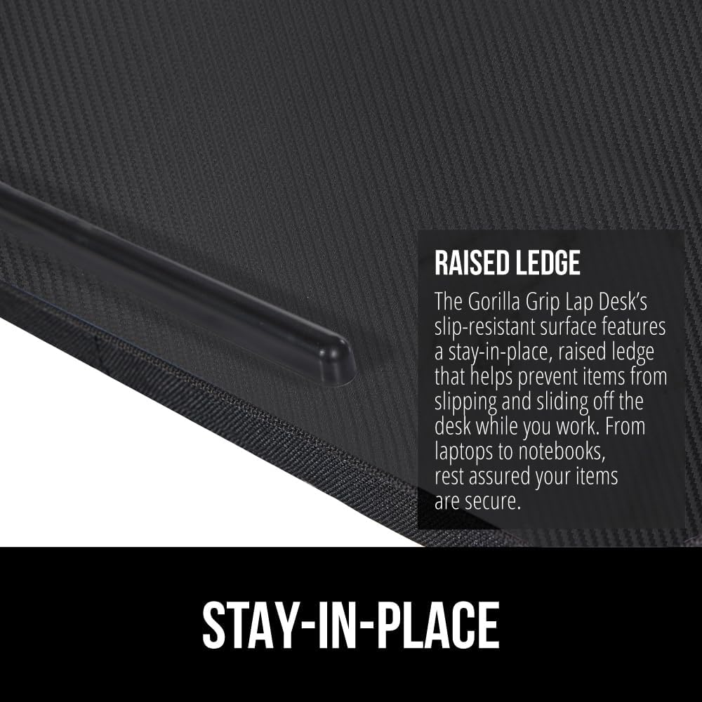 GORILLA GRIP Laptop Lap Desk with Phone Holder, Pillow Cushion Desks Fit Laptops up to 15.6", Tray Ledge Keep Computers in Place, Portable Travel Workstation Essentials for Home, Dorm Room, Black