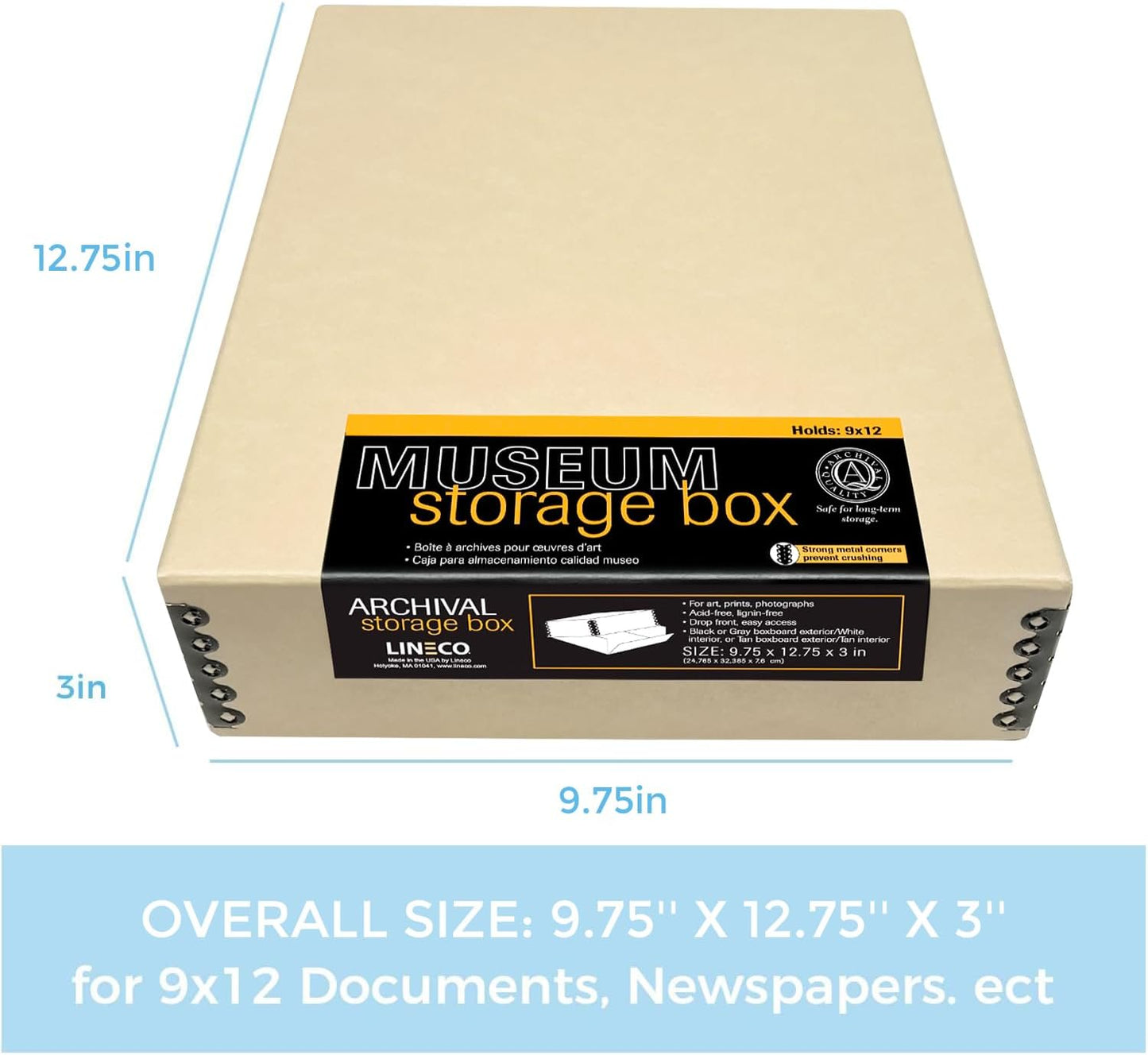 Lineco, 9x12 Tan Color Museum Archival Storage Box, Drop Front Design. Acid-Free with Metal Edge. Preserves Picture Longevity, organize Photos, Documents, Crafts, Diy, Pack of 2