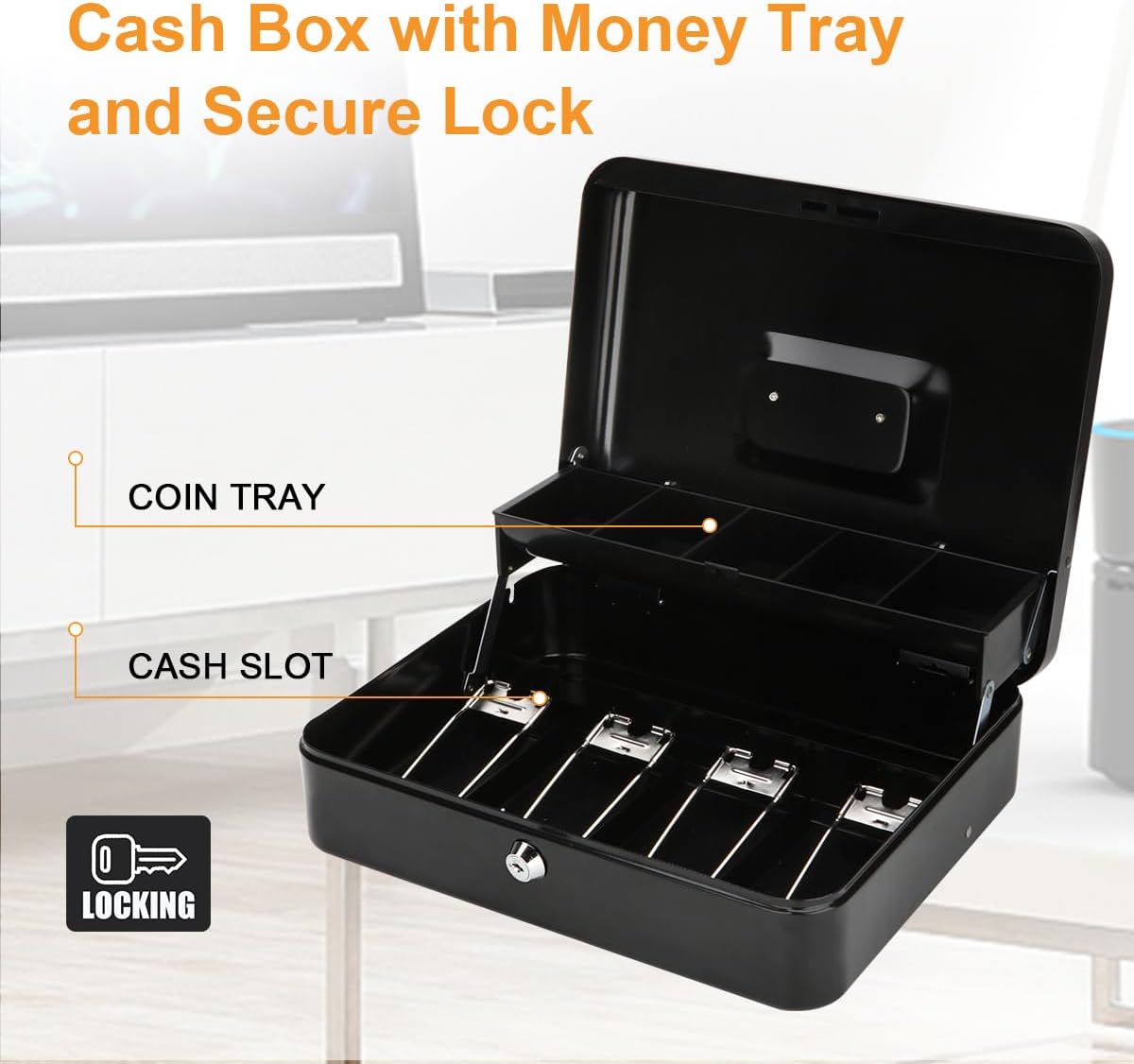 Jssmst Large Locking Cash Box with Money Tray, Lock Box with Security Cable Metal Money Box with Key Lock, Black, CB02304XL