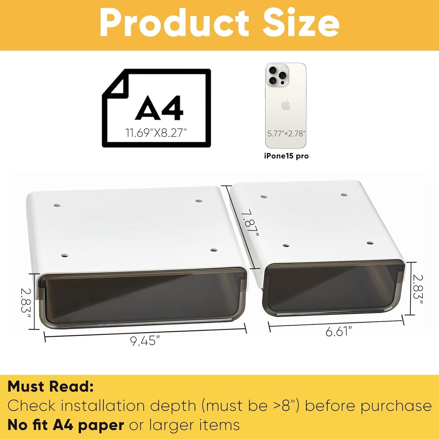 2 Pack Under Desk Drawer Slide Pull Out Plastic Organizer, Attachable Clear Black Acrylic Self Adhesive Mount Hidden Storage for Office & Home, Kitchen, Cabinet, Table, Counter, Space Saving