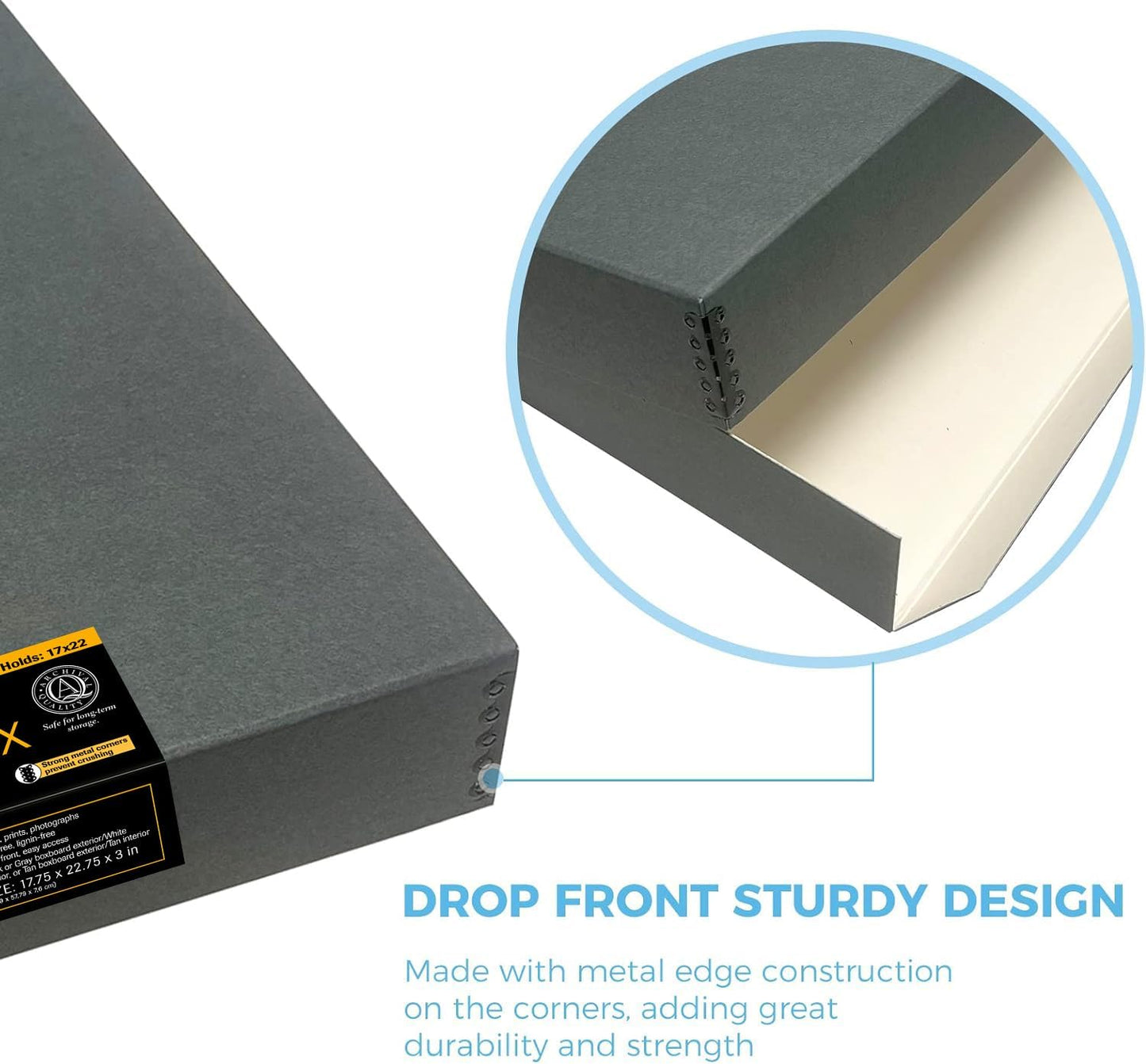 Lineco Museum Archival Storage Box, 17.75x22.75x3 in. Drop Front Design. Acid-Free with Metal Edge. Organize Photos, Pictures, Prints, Documents, Crafts, DIY. Gray, 2 Pack