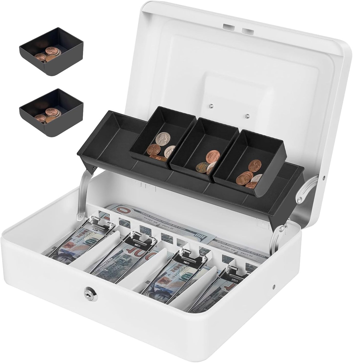 Cash Box Key Lock on Side, Cash Box with Money Tray & Key Lock 4 Bill 5 Coin Slots,Large Safe Lock Box with Key,Metal Money Saving Organizer for Security 11.8L x 9.5W x 3.5H Inches, White