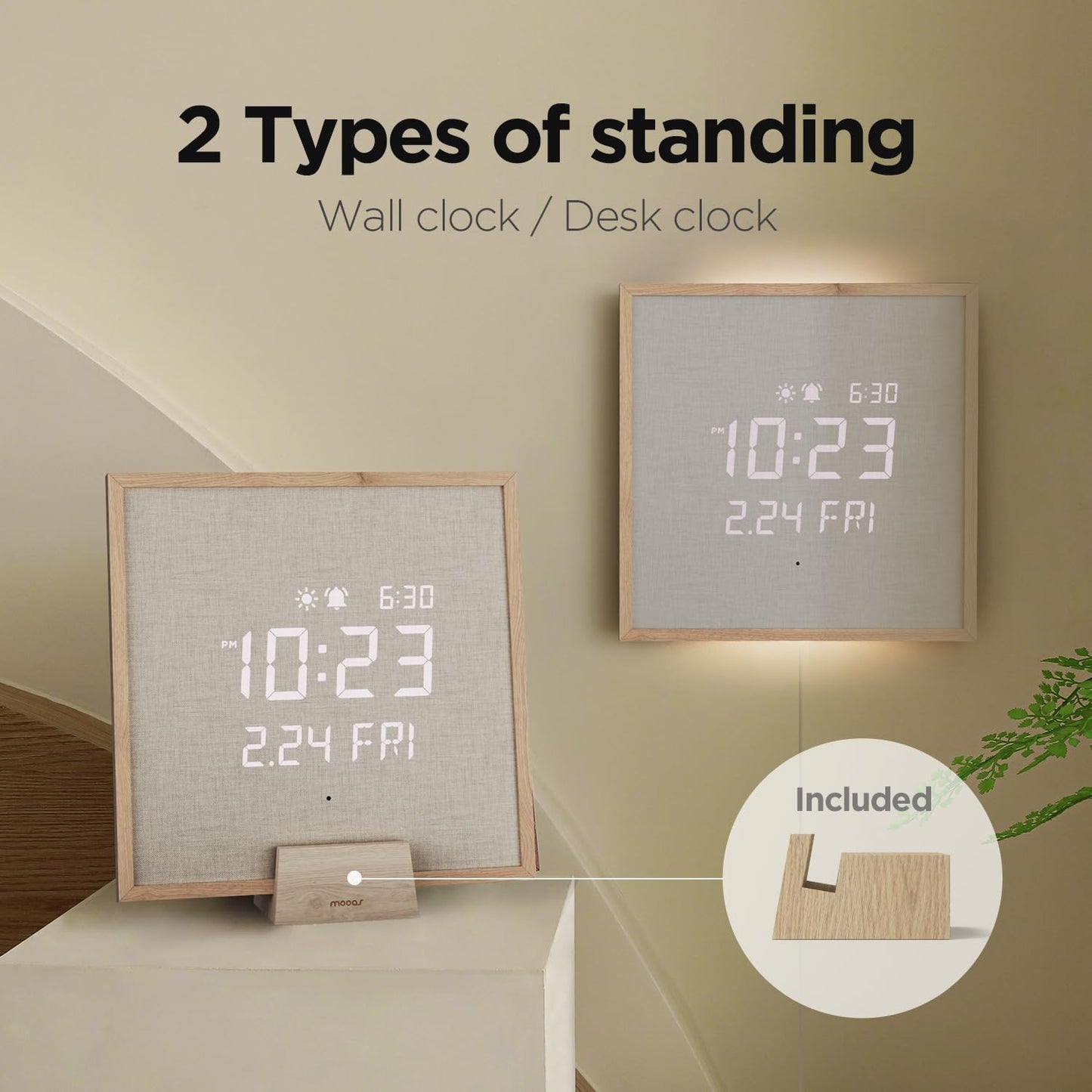 mooas Wooden Frame LED Silent Wall Clock with Remote, Backlit Nightlight, Modern Digital LED Wall Clock Display Sunrise Alarm Melody 5 Brightness for Bedroom Living Room (Wooden Frame Light Brown)
