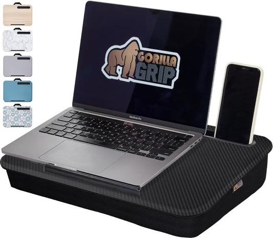 GORILLA GRIP Laptop Lap Desk with Phone Holder, Pillow Cushion Desks Fit Laptops up to 15.6", Tray Ledge Keep Computers in Place, Portable Travel Workstation Essentials for Home, Dorm Room, Black