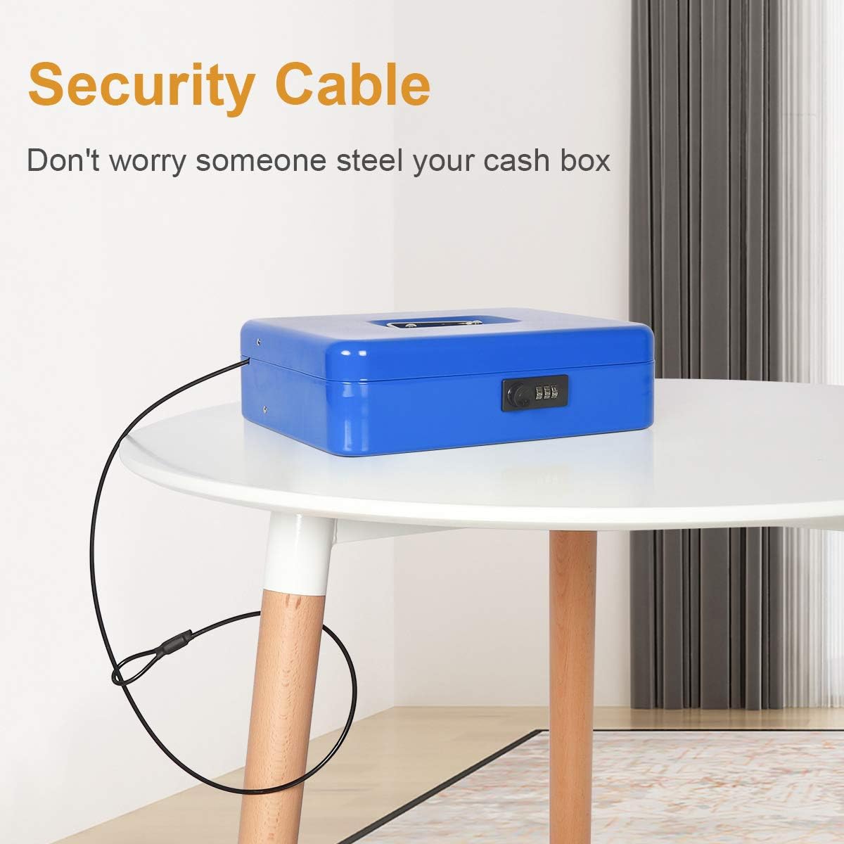 Jssmst Large Locking Cash Box with Money Tray, Metal Money Box with Combination Lock, Code Lock Box Blue Money Safe, SM-CB02305XL