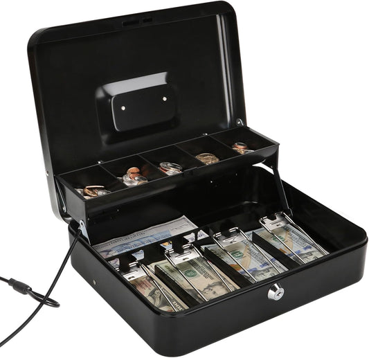 Jssmst Large Locking Cash Box with Money Tray, Lock Box with Security Cable Metal Money Box with Key Lock, Black, CB02304XL